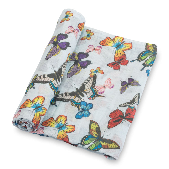 LollyBanks Muslin Swaddle Blankets, 100% Cotton Baby Blanket, 47"x 47" Newborn Swaddle Blanket, (Butterfly Print)