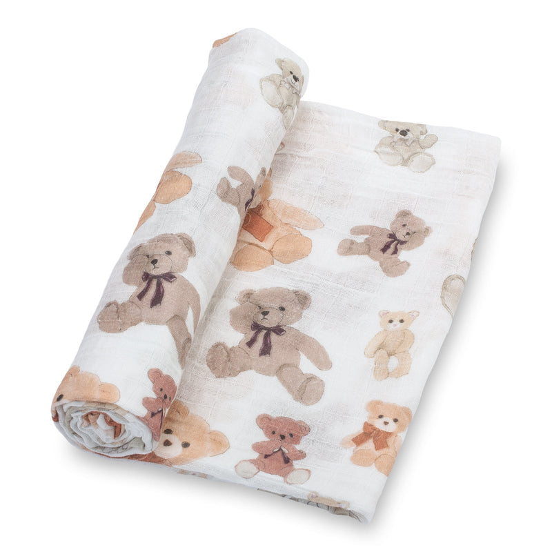 LollyBanks Muslin Swaddle Blankets, 100% Cotton Baby Blanket, 47"x 47" Newborn Swaddle Blanket, (Teddy Bear Print)