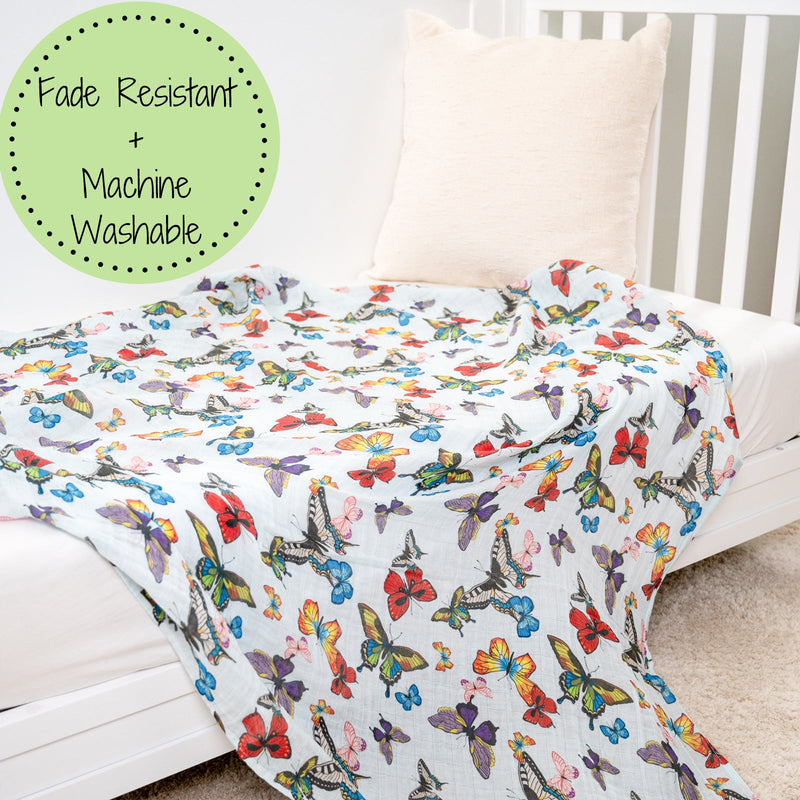 LollyBanks Muslin Swaddle Blankets, 100% Cotton Baby Blanket, 47"x 47" Newborn Swaddle Blanket, (Butterfly Print)