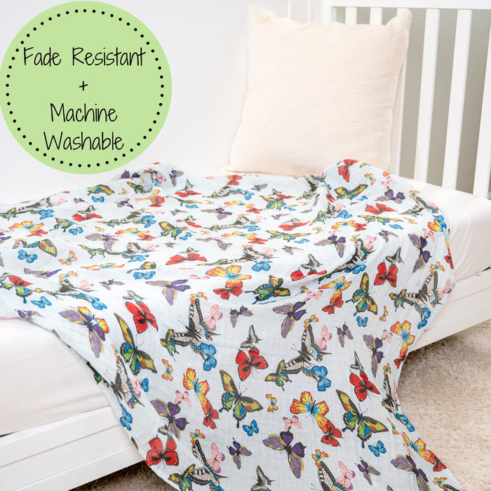 LollyBanks Muslin Swaddle Blankets, 100% Cotton Baby Blanket, 47"x 47" Newborn Swaddle Blanket, (Butterfly Print)