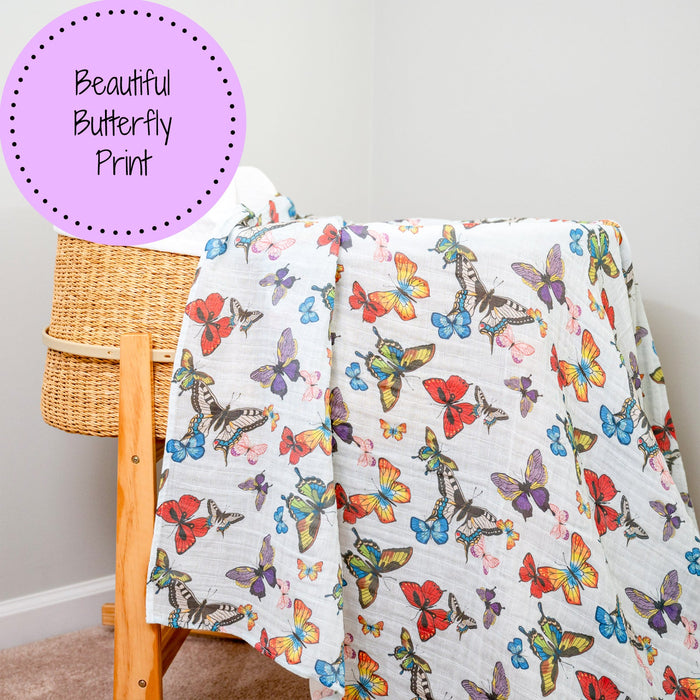 LollyBanks Muslin Swaddle Blankets, 100% Cotton Baby Blanket, 47"x 47" Newborn Swaddle Blanket, (Butterfly Print)