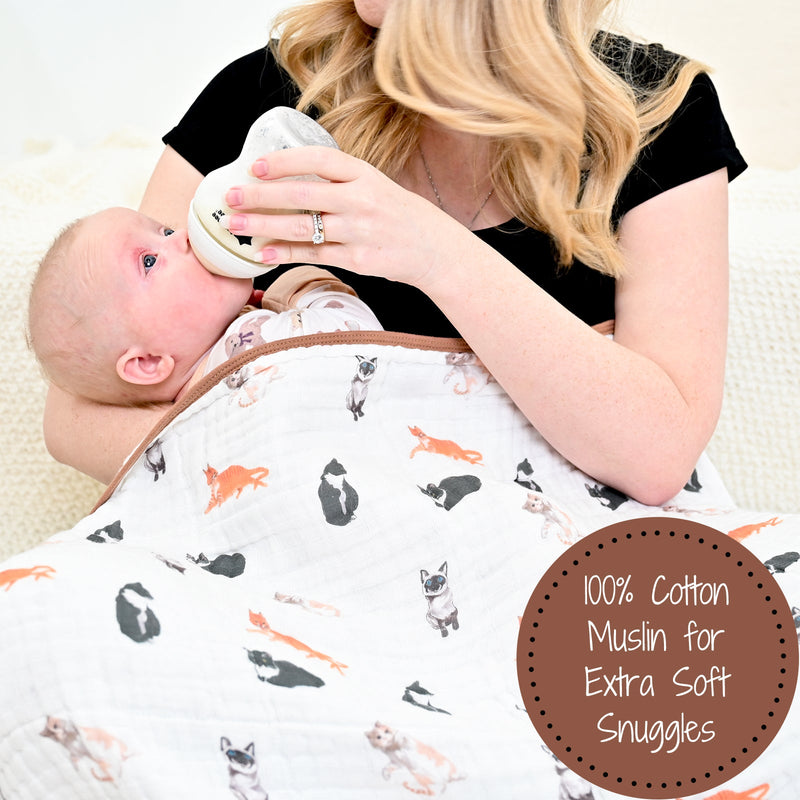 LollyBanks Muslin Baby Blanket, 100% Cotton Lightweight Baby Quilt, 47"x 47" and 6 Layers Newborn Blanket, (Cat Print)