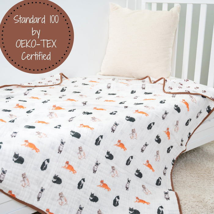 LollyBanks Muslin Baby Blanket, 100% Cotton Lightweight Baby Quilt, 47"x 47" and 6 Layers Newborn Blanket, (Cat Print)