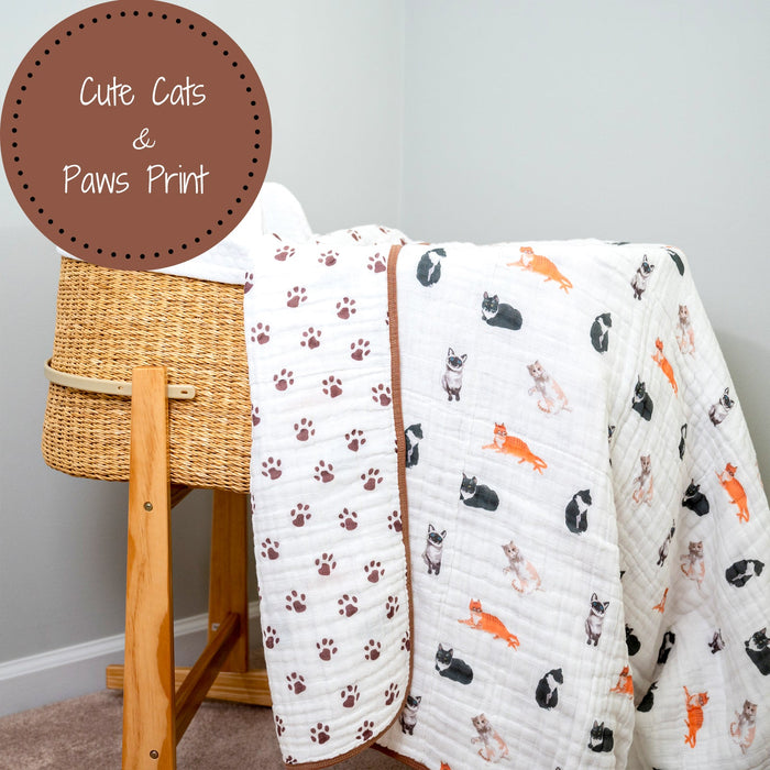 LollyBanks Muslin Baby Blanket, 100% Cotton Lightweight Baby Quilt, 47"x 47" and 6 Layers Newborn Blanket, (Cat Print)