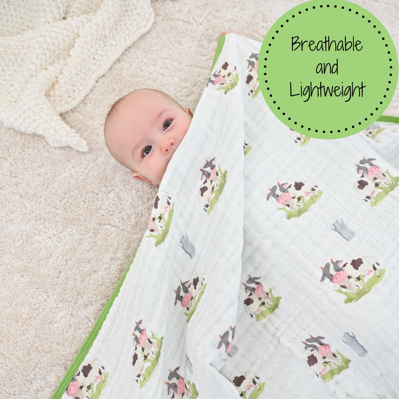 LollyBanks Muslin Baby Blanket, 100% Cotton Lightweight Baby Quilt, 47"x 47" and 6 Layers Newborn Blanket, (Cow Print)