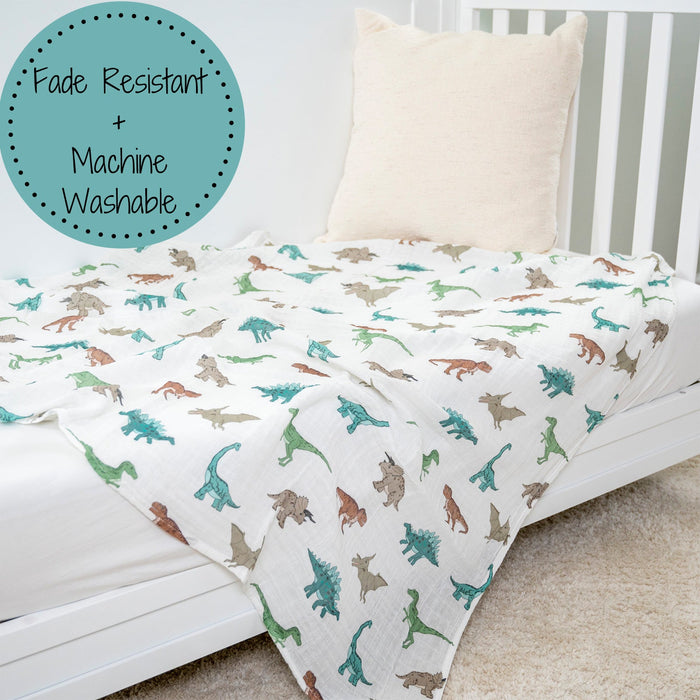 LollyBanks Muslin Swaddle Blankets, 100% Cotton Baby Blanket, 47"x 47" Newborn Swaddle Blanket, (Dinosaur Print)