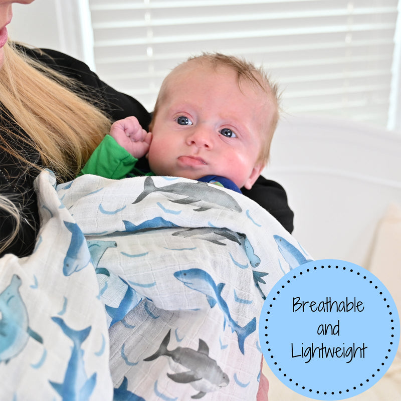 LollyBanks Muslin Swaddle Blankets, 100% Cotton Baby Blanket, 47"x 47" Newborn Swaddle Blanket, (Shark Print)