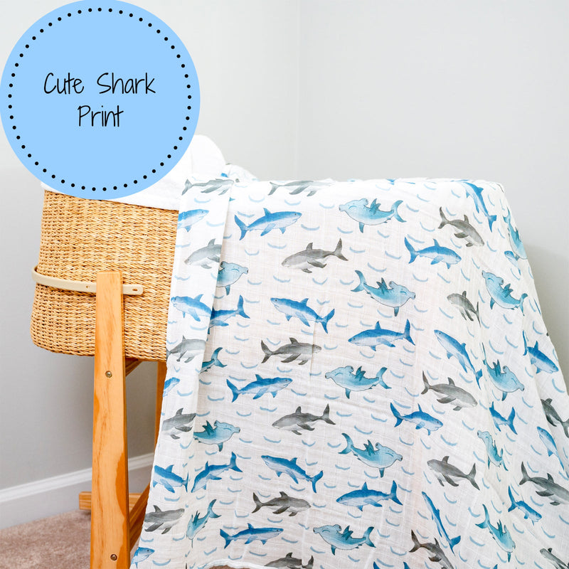 LollyBanks Muslin Swaddle Blankets, 100% Cotton Baby Blanket, 47"x 47" Newborn Swaddle Blanket, (Shark Print)