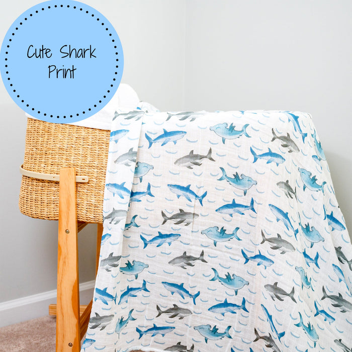 LollyBanks Muslin Swaddle Blankets, 100% Cotton Baby Blanket, 47"x 47" Newborn Swaddle Blanket, (Shark Print)
