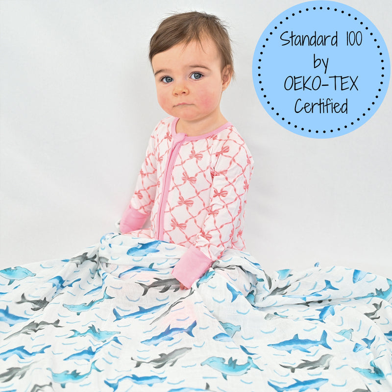 LollyBanks Muslin Swaddle Blankets, 100% Cotton Baby Blanket, 47"x 47" Newborn Swaddle Blanket, (Shark Print)