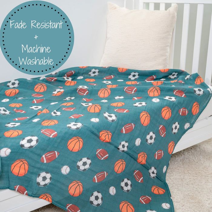 LollyBanks Muslin Swaddle Blankets, 100% Cotton Baby Blanket, 47"x 47" Newborn Swaddle Blanket, (Sports Theme)