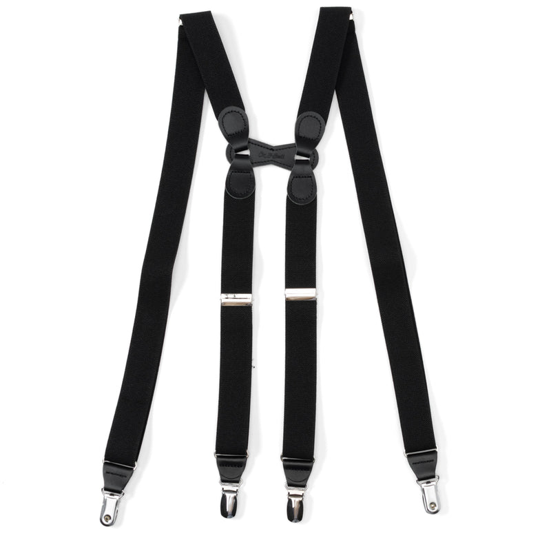 Black Leather/Silver Clip X Back Suspenders