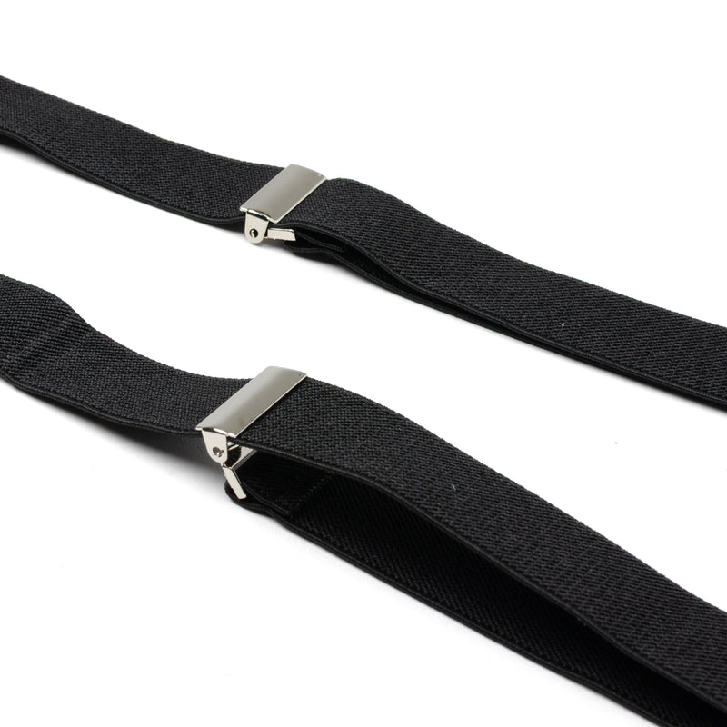 Black Leather/Silver Clip X Back Suspenders