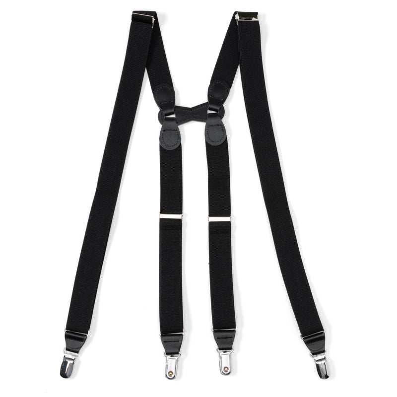 Black Leather/Silver Clip X Back Suspenders