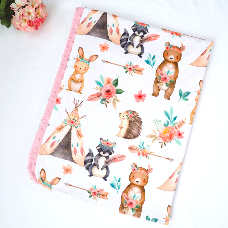Minky Baby Blanket Woodland Tribe Pink