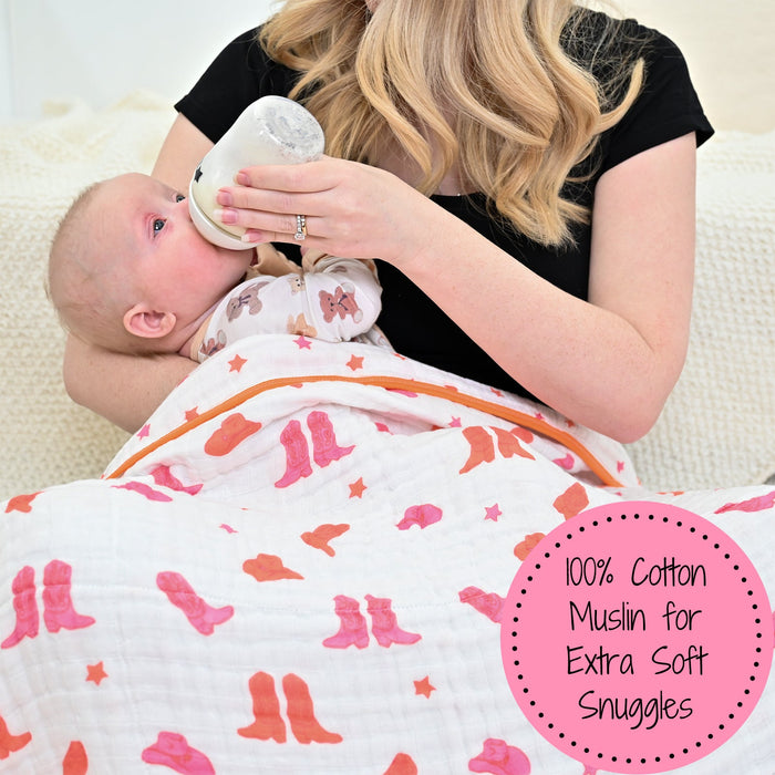 LollyBanks Muslin Baby Blanket, 100% Cotton Lightweight Baby Quilt, 47"x 47" and 6 Layers Newborn Blanket, (Pink Boot Print)