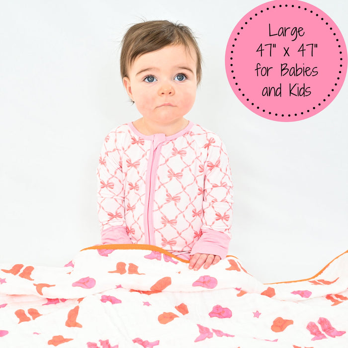 LollyBanks Muslin Baby Blanket, 100% Cotton Lightweight Baby Quilt, 47"x 47" and 6 Layers Newborn Blanket, (Pink Boot Print)