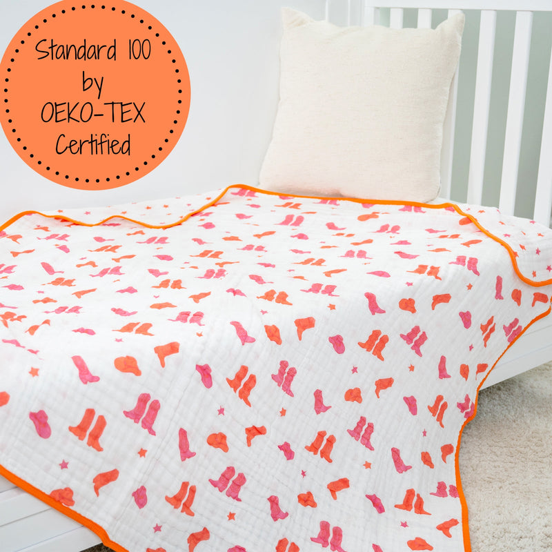 LollyBanks Muslin Baby Blanket, 100% Cotton Lightweight Baby Quilt, 47"x 47" and 6 Layers Newborn Blanket, (Pink Boot Print)