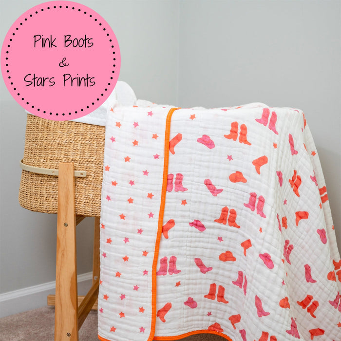 LollyBanks Muslin Baby Blanket, 100% Cotton Lightweight Baby Quilt, 47"x 47" and 6 Layers Newborn Blanket, (Pink Boot Print)