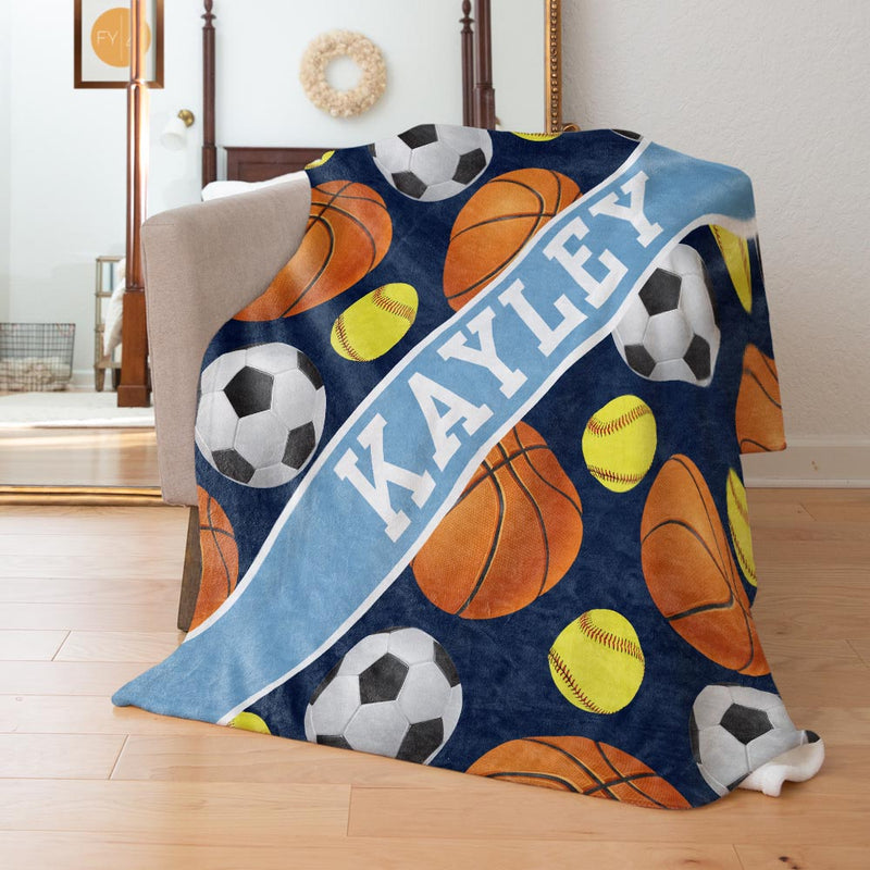 Basketball Softball Soccer Sports Pattern with Name Plate Stripe - Personalized Blanket