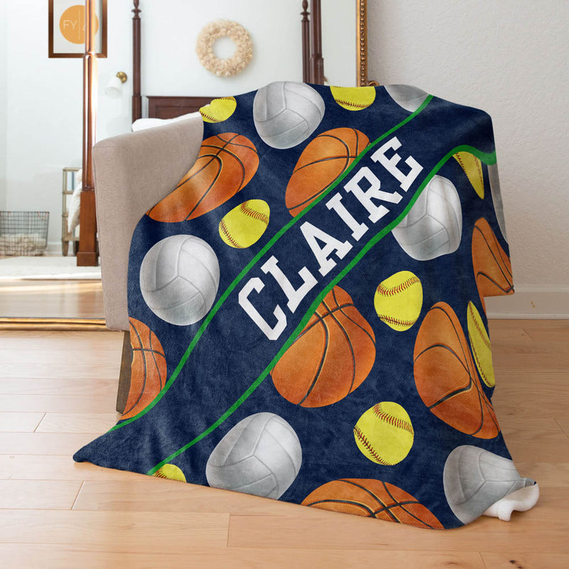 Basketball Volleyball Softball Sports Pattern with Name Plate Stripe - Personalized Blanket