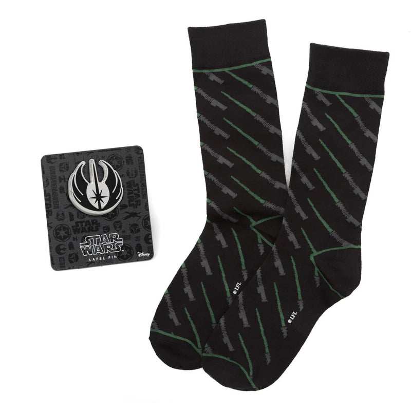 Star Wars Green LIGHTSABER Dress Socks with Jedi Crest Lapel Pin Gift Set