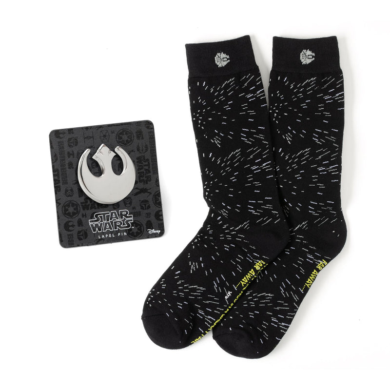 Star Wars Hyperspace Black Dress Socks and Rebel Crest Lapel Pin Gift Set