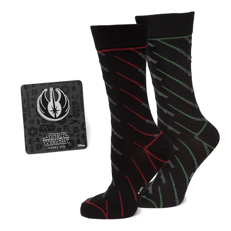 Star Wars Green and Red LIGHTSABER Pattern Black Dress Socks with Jedi Crest Lapel Pin Gift Set