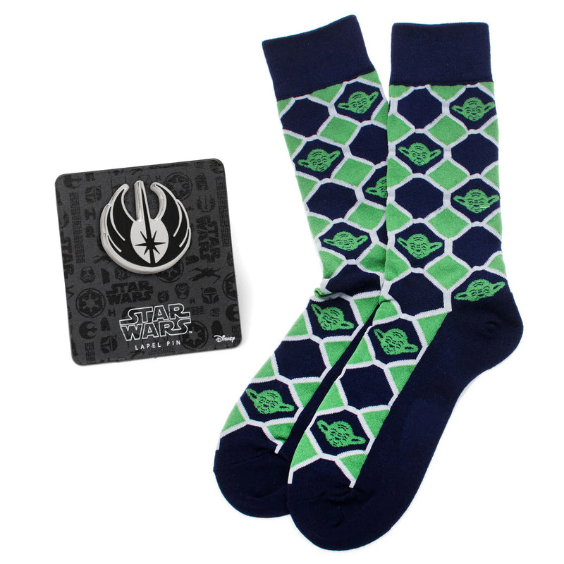 Star Wars Yoda Green and Navy Checkered Dress Socks and Jedi Crest Lapel Pin Gift Set