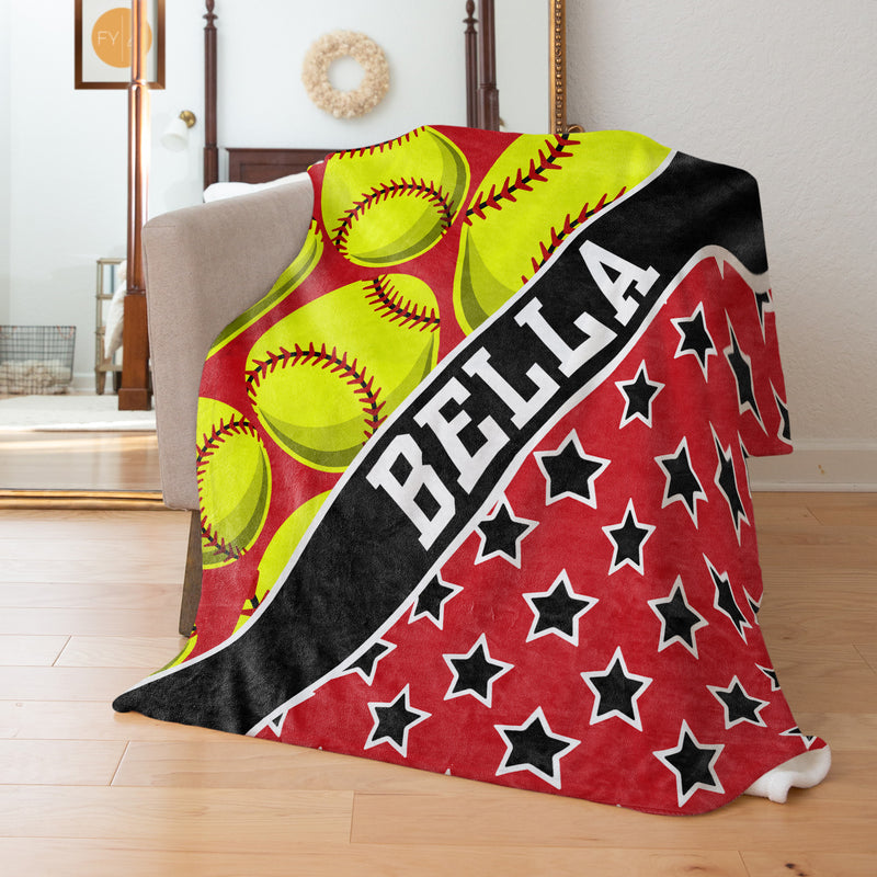 Softball Pattern with Name Plate Stripe and Stars - Personalized Blanket