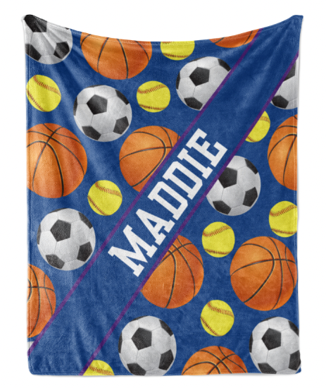 Basketball Softball Soccer Sports Pattern with Name Plate Stripe - Personalized Blanket