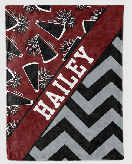 Cheer Megaphone and Pom Poms with Name plate and Chevron- Personalized Blanket