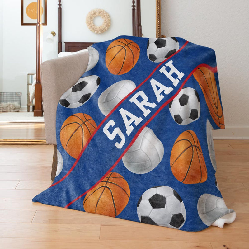 Basketball Soccer Volleyball Sports Pattern with Name Plate Stripe - Personalized Blanket