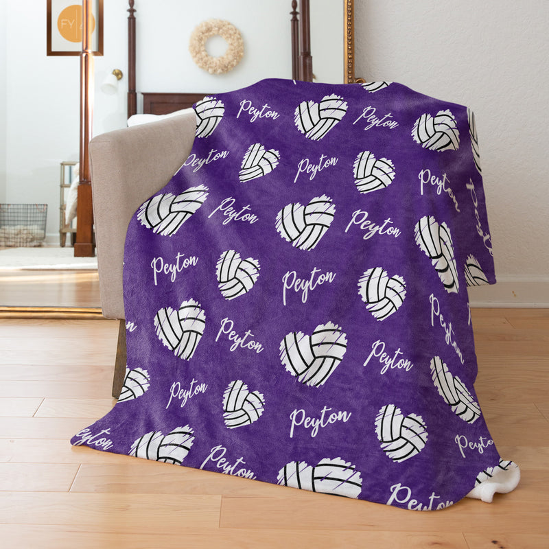 Repeating Name with Volleyball Hearts - Personalized Blanket