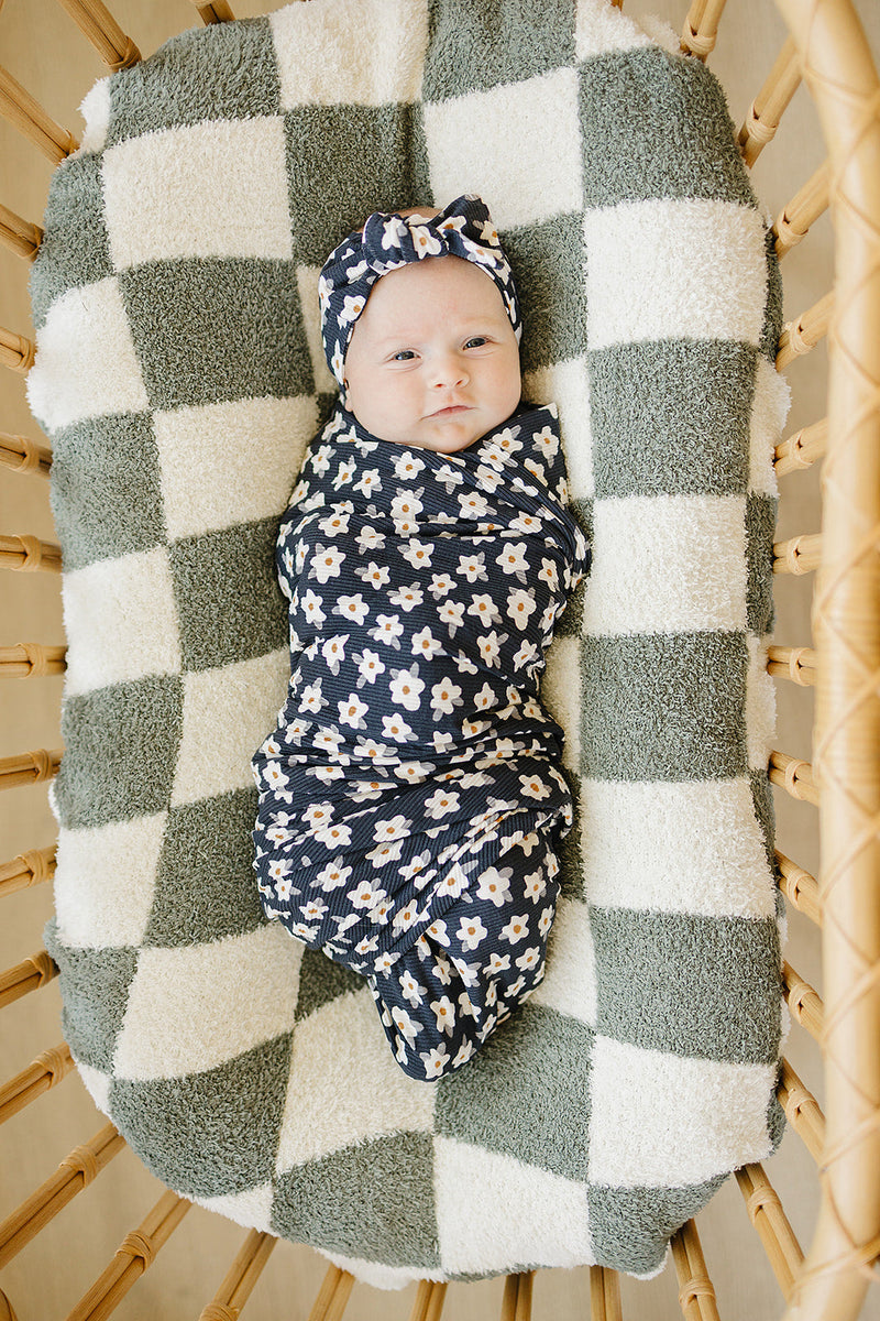 Navy Daisy Ribbed Bamboo Head Wrap