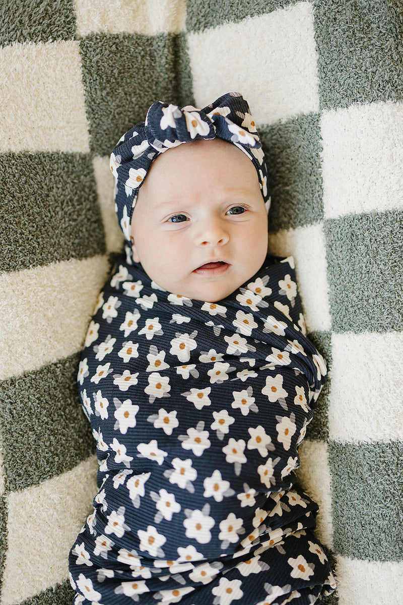 Navy Daisy Ribbed Bamboo Head Wrap