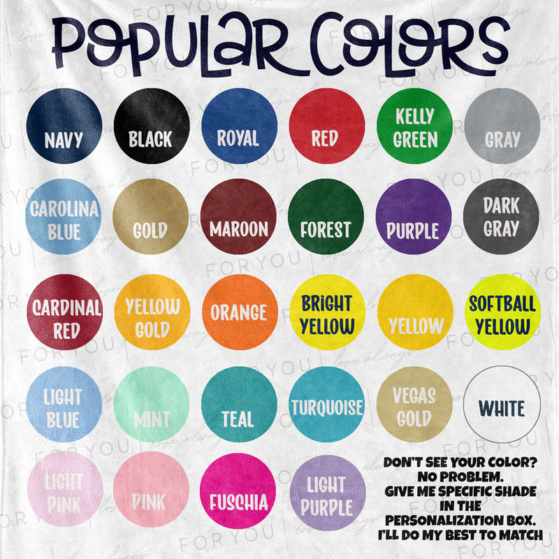 The image is a collage of 24 different colors, each labeled with a name, arranged in a grid format. The colors include navy blue, black, red, green, gray, gold, maroon, forest, purple, orange, bright yellow, softball yellow, mint, teal, turquoise, and white.