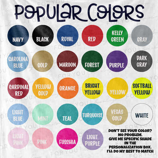 The image is a collage of 24 different colors, each labeled with a name, arranged in a grid format. The colors include navy blue, black, red, green, gray, gold, maroon, forest, purple, orange, bright yellow, softball yellow, mint, teal, turquoise, and white.