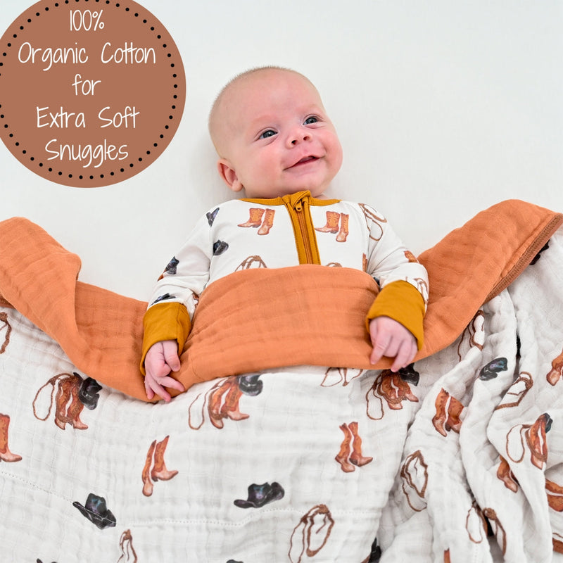 LollyBanks Muslin Baby Blanket, 100% Cotton Lightweight Baby Quilt, 47"x 47" and 6 Layers Newborn Blanket, (Cowboy Print)