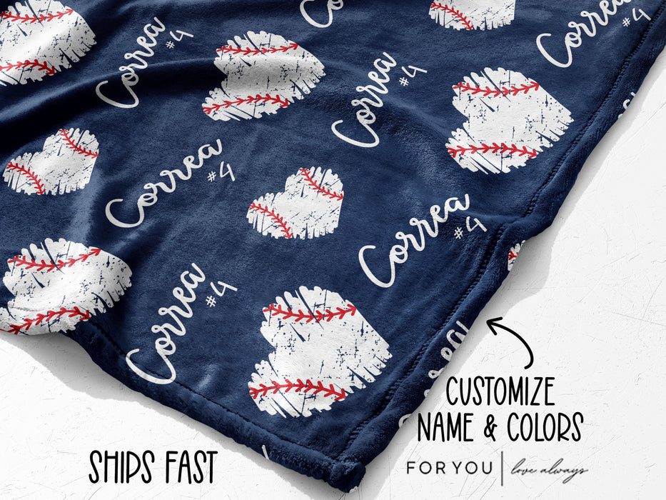 Repeating Name with Baseball Hearts - Personalized Blanket