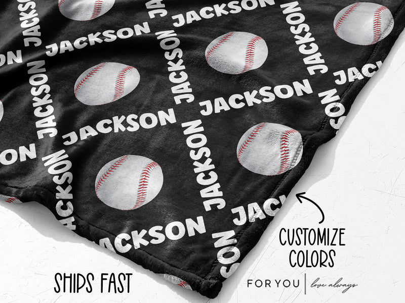 Repeating Name Angled with Baseballs - Personalized Blanket