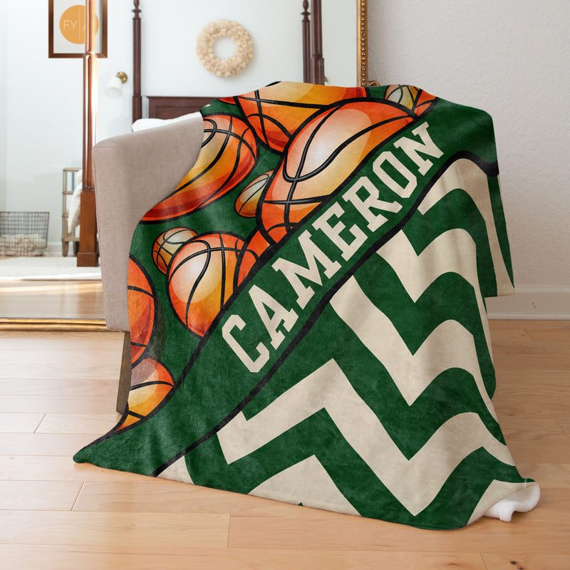 Basketball Pattern with Chevron and Name Plate Stripe - Personalized Blanket