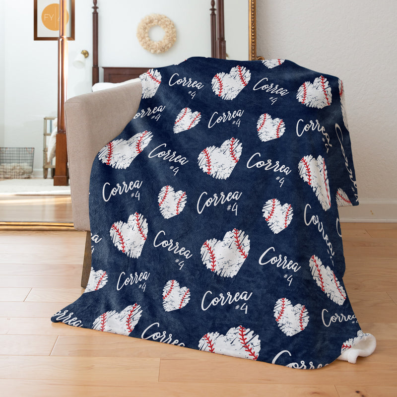 Repeating Name with Baseball Hearts - Personalized Blanket