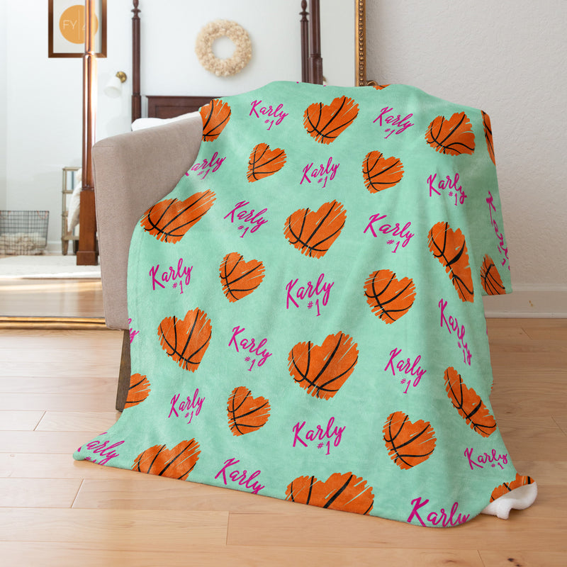 Repeating Name with Basketball Hearts - Personalized Blanket