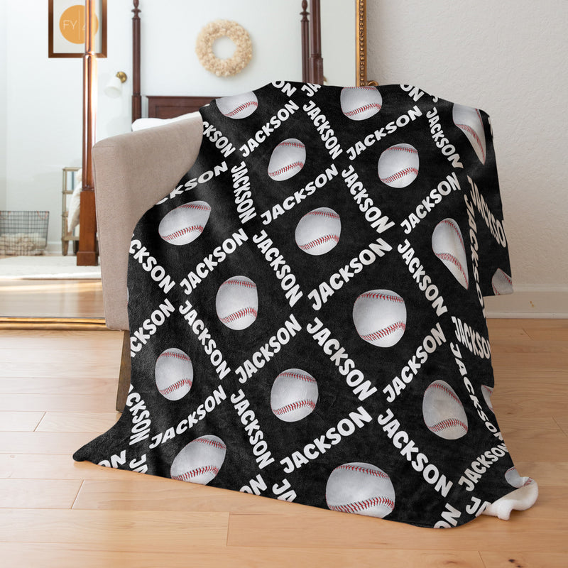 Repeating Name Angled with Baseballs - Personalized Blanket