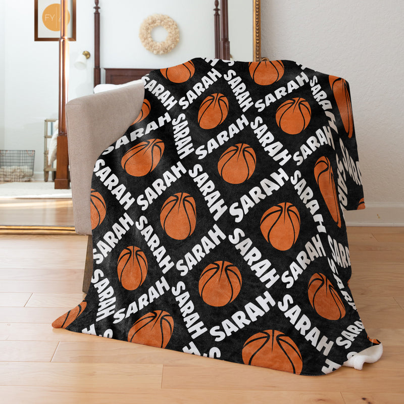 Repeating Name Angled with Basketballs - Personalized Blanket