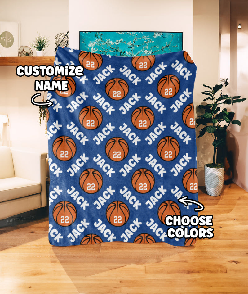 Repeating Name Angled with Basketballs - Personalized Blanket