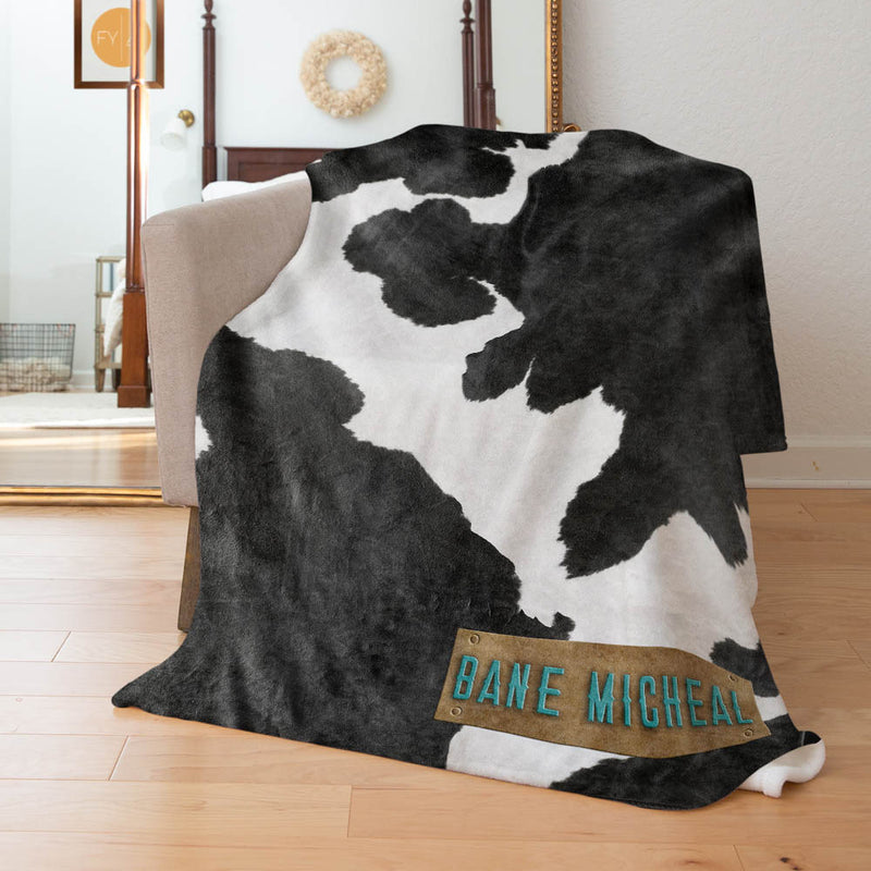 Black Faux Cowhide - Custom Faux Leather Name - Personalized Blanket