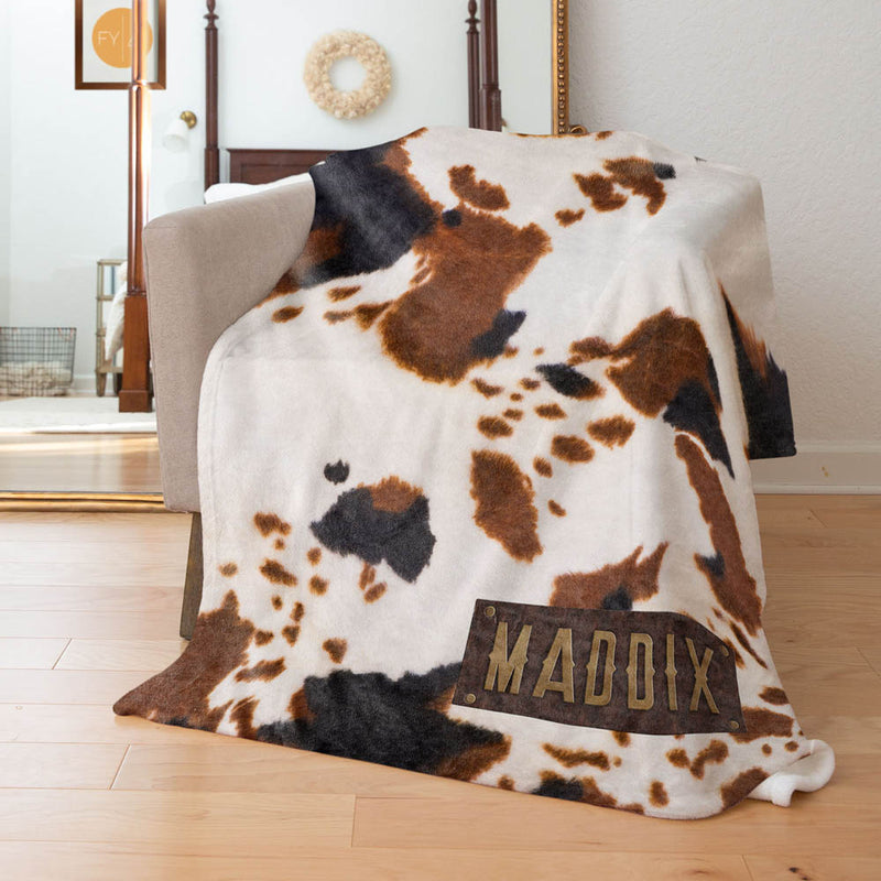 Brown and Black Faux Cow Hide - Custom Faux Leather Name - Personalized Blanket