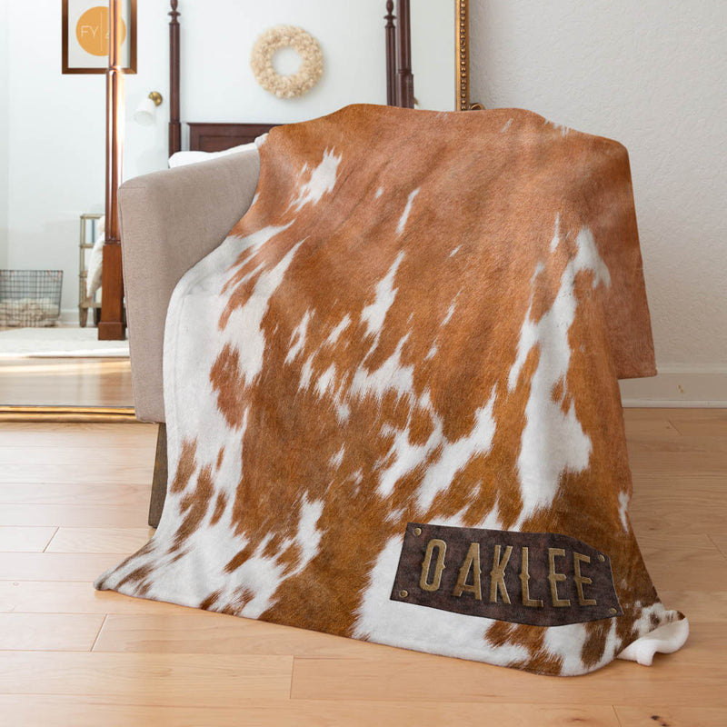 Brown Faux Cowhide - Custom Faux Leather Name - Personalized Blanket